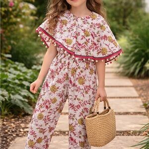 Eid Girls Pink Floral Cape Jumpsuit with Pom Trim|size 4T